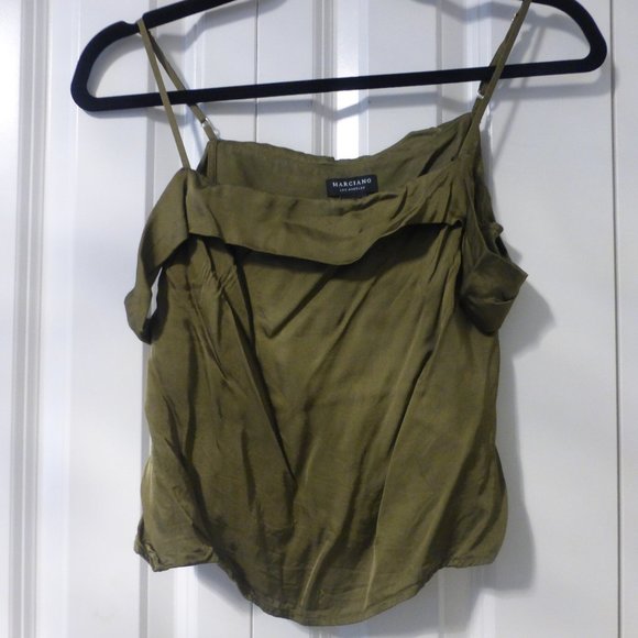 MARCIANO by GUESS olive green silky satin cold shoulder crop top - Picture 1 of 6